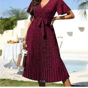 Elegant Burgundy Polka Dot Midi Dress